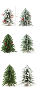 Detail view of 40cm mini Christmas trees with green pine, berries and flocked snow effects