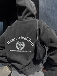 Street style washed black zip hoodie with white athletic club letter embroidery on back
