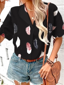 Women's black short sleeve shirt with colorful feather prints and V-neck collar