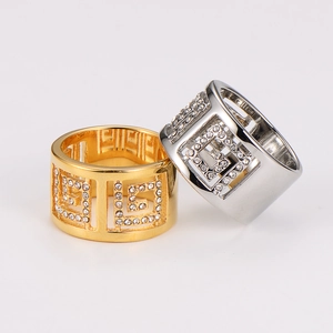 Elegant wide hollow geometric rings with sparkling rhinestones in gold and silver finish
