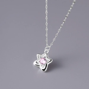 S925 sterling silver star necklace with round pink zircon pendant for women