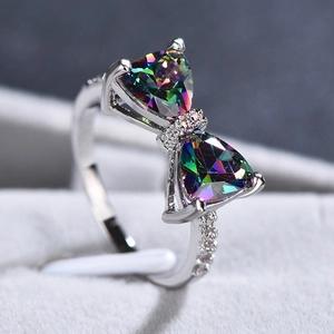 Bowknot Ring For Women Copper Zircon Inlaid Colorful Triangle Gemstone Elegant Sweet Fashion Jewelry