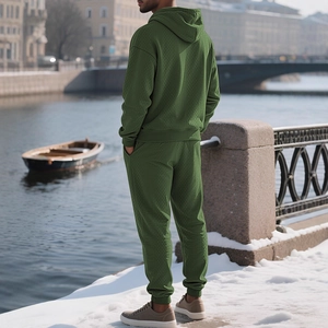 Men's forest green knit hoodie and jogger set with textured fabric in a scenic outdoor view