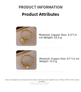 Detail view of gold-plated copper bracelets with fish and butterfly charms and specifications