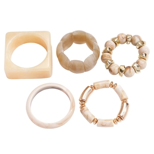 Bohemian marble resin jewelry set featuring square and round cream bracelets and rings