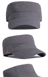 Detail of grey cotton flat top army cap featuring metal eyelets and 'Sports' logo
