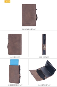 Coffee multi-angle views of RFID blocking wallet with automatic pop-up card mechanism