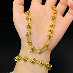 Minimalist 18K Gold Plated Stainless Steel Knotted Chain Necklace And Bracelet Adjustable Industrial Style For Women