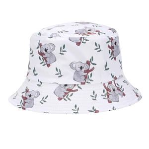 Detail of white bucket hat featuring cute koala prints and premium stitched brim