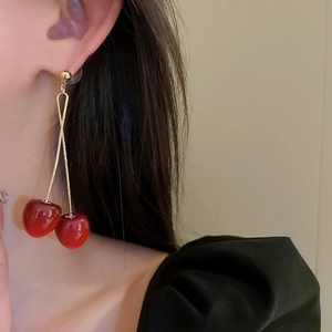 Korean style red acrylic cherry drop earrings with gold chain for a sweet summer look