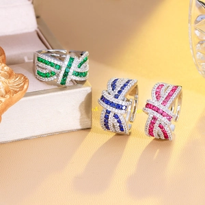 Luxe bow-shaped open rings with colorful gems and sparkling zircon pavé in three colors