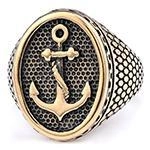 Detail of vintage anchor ring with gold relief and black textured oval face
