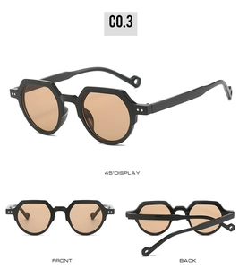 Three-view display of black retro polygonal sunglasses with brown lenses and side rivets