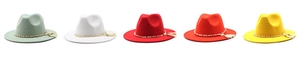 Detail of wool fedora hats in five colors featuring gold pearl chain and tassel accents