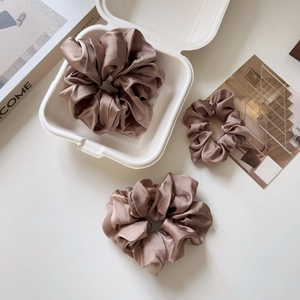 Three-piece champagne coffee satin scrunchie set in various sizes for hair styling