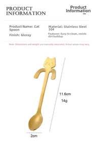 Macro detail of golden cat-shaped spoon hanging on a cup rim made of 304 stainless steel