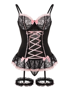 Detailed view of black lace bodysuit with pink ribbon bows and adjustable garter straps