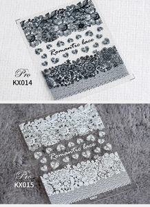Detail view of Romantic Lace ultra-thin nail art stickers in black and white finishes