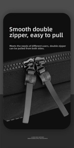 Détail des doubles fermetures éclair SBS fluides sur le sac en nylon noir texturé