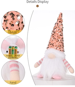 Detail of sequin gnome with plush beard, showing knitting fabric and 3AAA battery slot