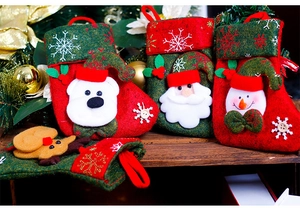 Detailed close-up of Christmas stockings with Santa, snowman and reindeer embroidery