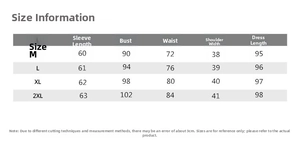 Tableau des tailles pour robe midi imprimée à col en V, mesures de M à 2XL