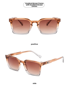 Close-up of rectangle sunglasses with gradient tea lenses and metallic temple detail