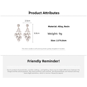 Detail specifications for silver leaf tassel earrings showing size 2.5x6.8cm and 9g weight