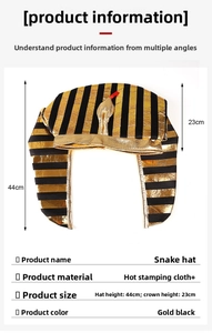 Front view of Egyptian Pharaoh hat with gold and black stripes and snake decoration