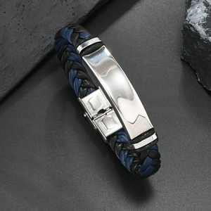 Men's minimalist stainless steel bracelet with black and blue braided leather band