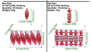 Macro detail of red and white striped Christmas ornaments in drop and candy shapes