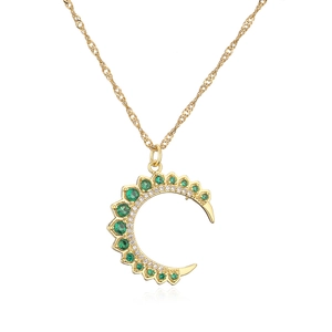 18K gold plated crescent moon necklace with green gems and white zircon details