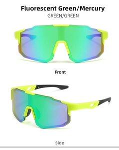 Front and side view of large frame neon green sports sunglasses with mirrored lenses