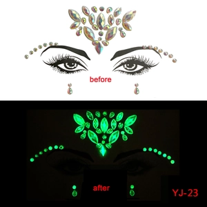 Luminous face jewels showing glowing green effect in dark and iridescent gems in light