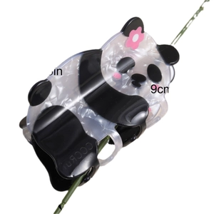 9cm panda shaped acetate hair claw clip with pink flower on a green plant stem