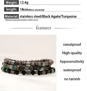 Detail view of turquoise and black agate beaded bracelets with stainless steel spacers