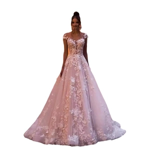 Pink off-shoulder wedding gown with white 3D floral lace appliqués and A-line tulle skirt