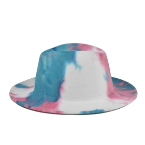 Fashionable blue, pink and white tie-dye wide brim wool fedora hat with a flat brim