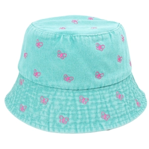 Detailed view of pink butterfly embroidery on turquoise denim bucket hat texture