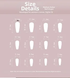 Size chart showing 12 dimensions for medium ballerina press-on nails with 24 pieces