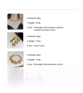 Detailed size and weight specifications for flower necklace, earrings and bracelet set