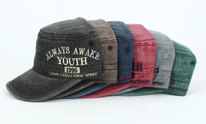 Detailed side view of washed cotton distressed army caps with vintage embroidery