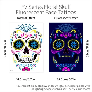 Halloween floral skull face tattoo with UV glow effect, size 14.5x21cm, waterproof sticker