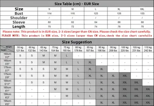Size chart for padded jacket with chest and length measurements for sizes S to XXL