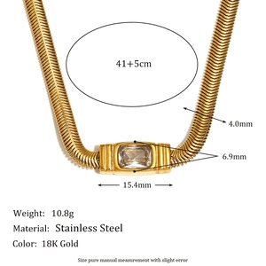 18K gold plated stainless steel snake chain necklace with rectangular zircon pendant