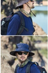 Close-up of breathable mesh vents and geometric texture on a navy outdoor sun hat