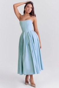 Detailed view of light blue strapless midi dress with cinched waist and pleated flared skirt