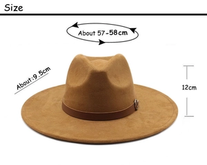Detailed size guide for brown suede wide brim cowboy hat with belt and silver buckle