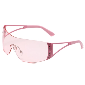 Pink Y2K rimless sporty sunglasses with rhinestone star details in futuristic punk style