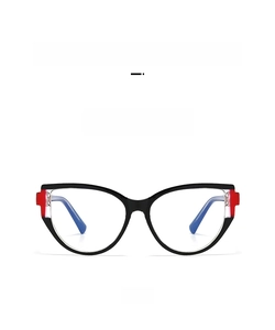 Front view of stylish cat-eye glasses with black frames and blue temple arms detail